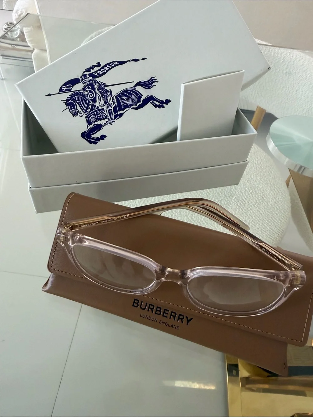Burberry Clear Pink Rectangular Frame Glasses